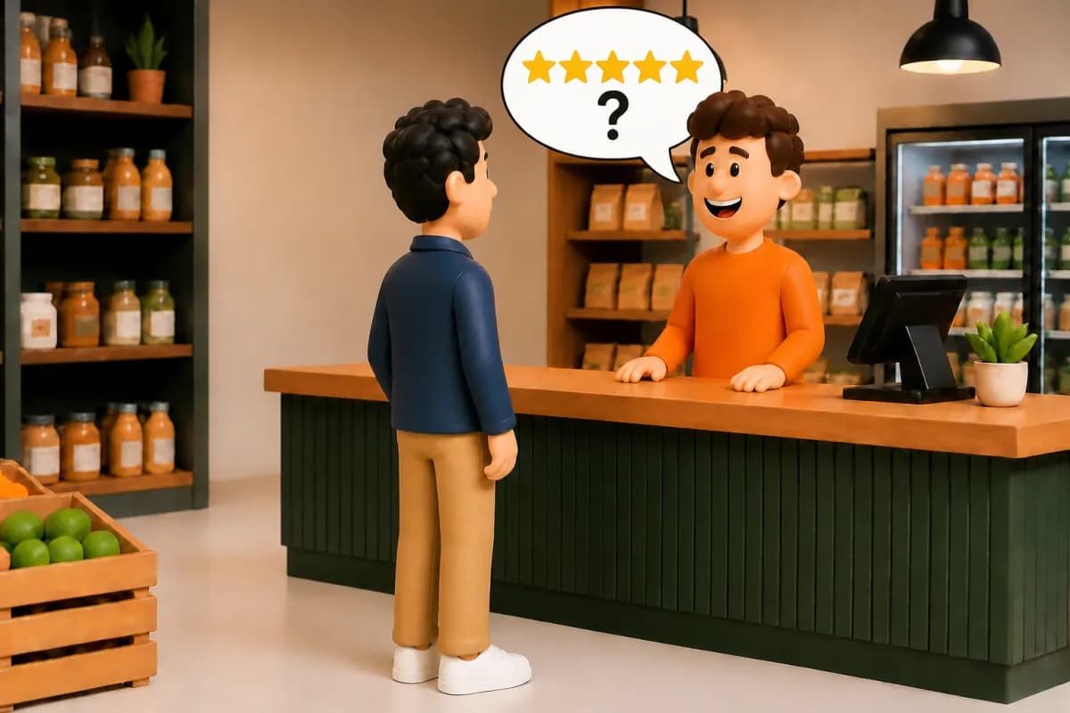 Un commerçant demande un avis Google à un client au comptoir