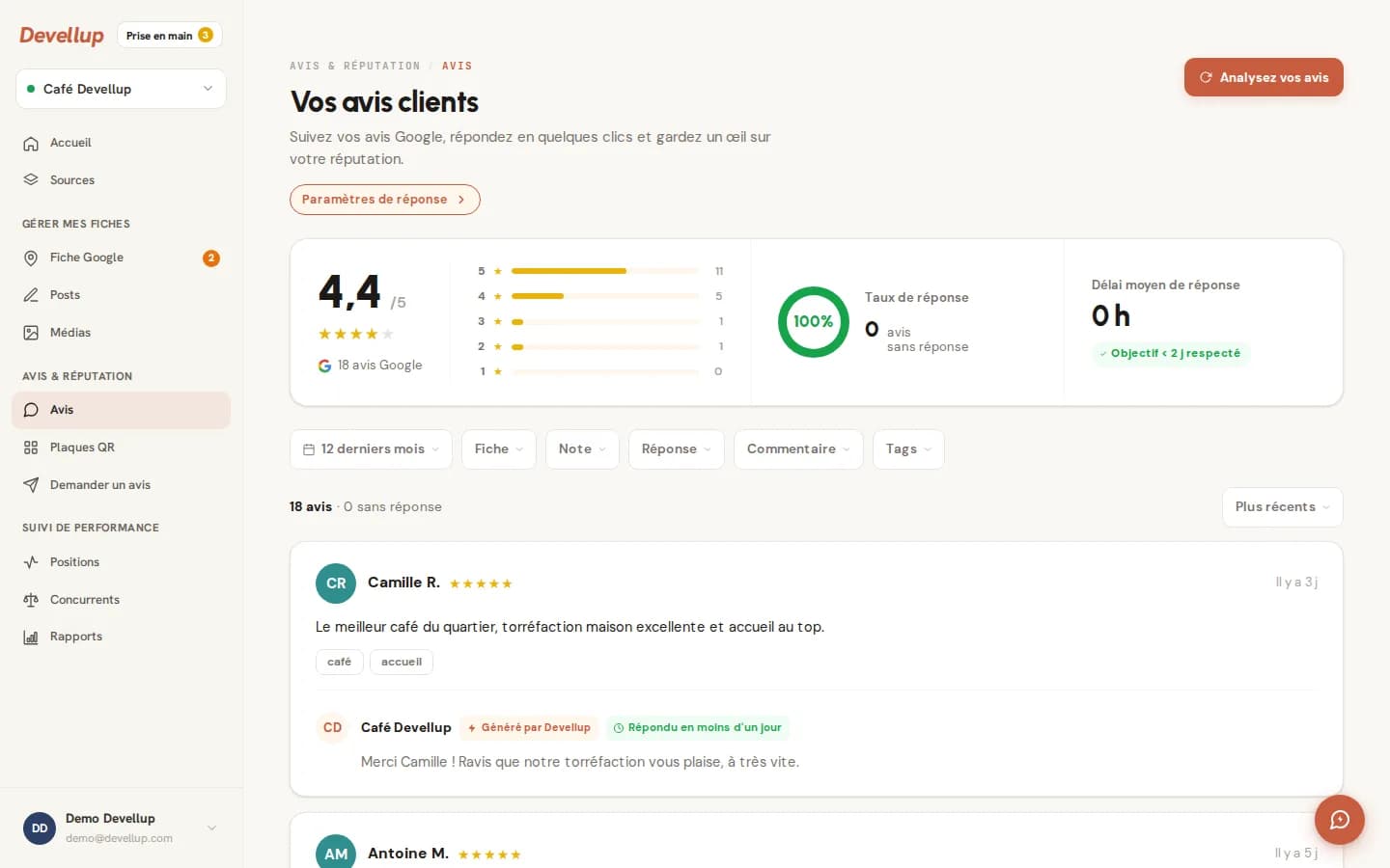 Page Avis de Devellup : un avis 5 étoiles, ses thèmes détectés, et la réponse publiée avec la mention « Généré par Devellup »