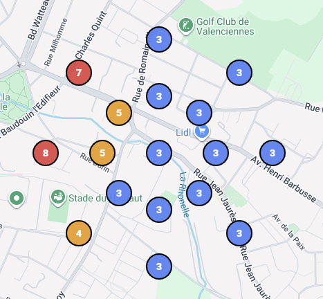 Grille de 17 positions d'analyse autour d'un établissement sur Google Maps