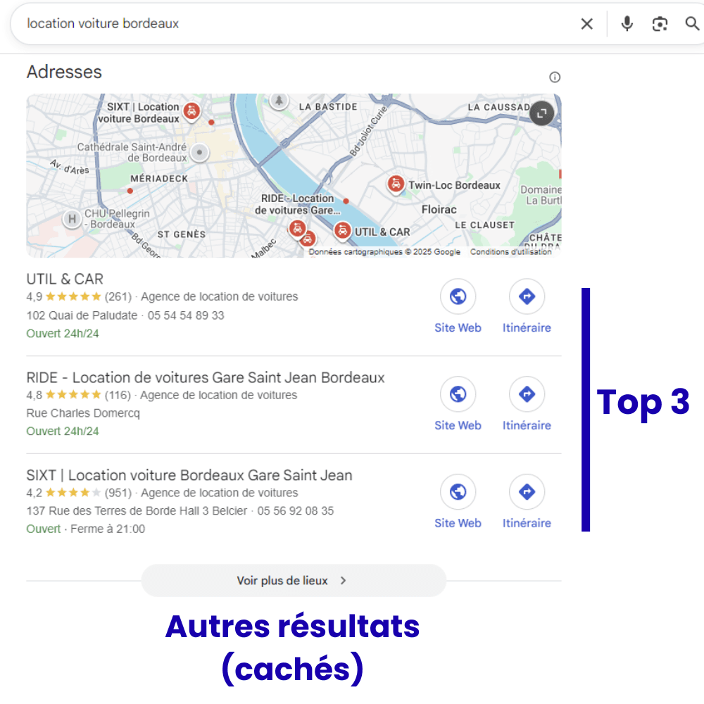 Résultats de recherche Google Maps montrant le Top 3