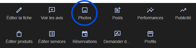 Dashboard Google Business Profile - bouton Photos