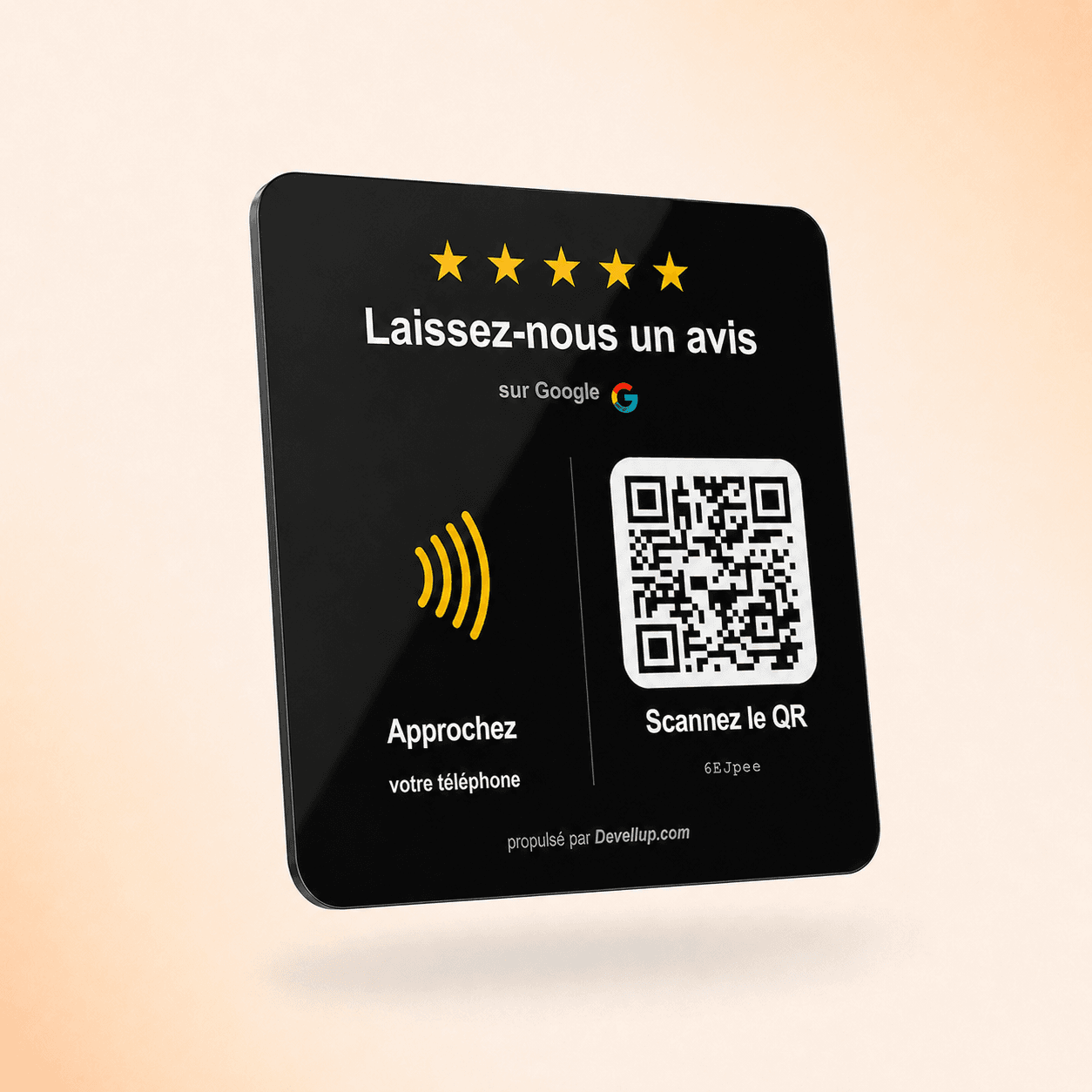 Plaque avis Google Devellup, finition noire, QR code et NFC