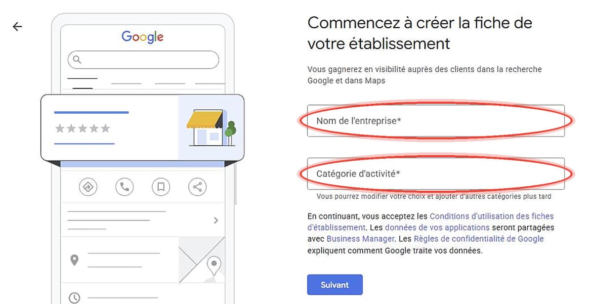 Formulaire de création d'une fiche Google Business Profile : nom de l'entreprise et catégorie d'activité