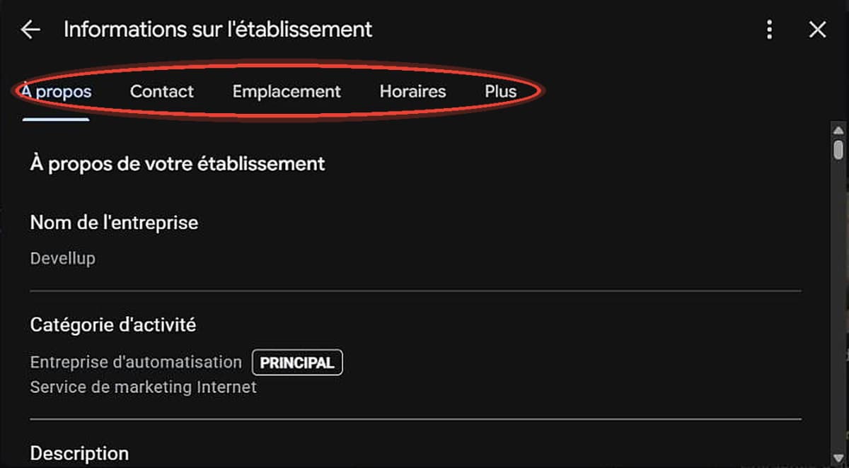 Onglets d'édition d'une fiche Google Business Profile à compléter à 100 %