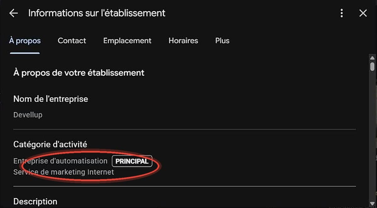 Où modifier la catégorie d'activité d'une fiche Google Business Profile