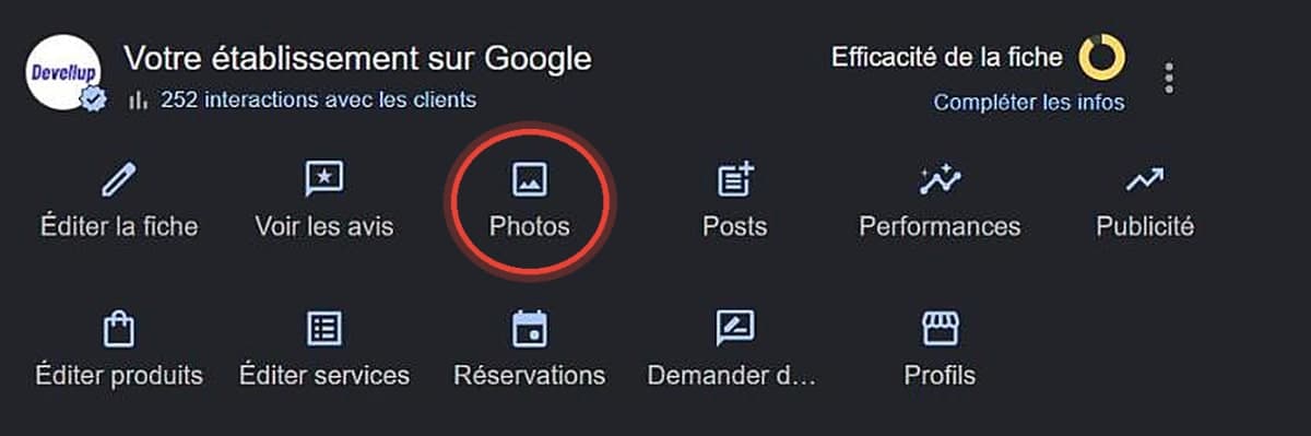 Accéder à la section Photos d'une fiche Google Business Profile