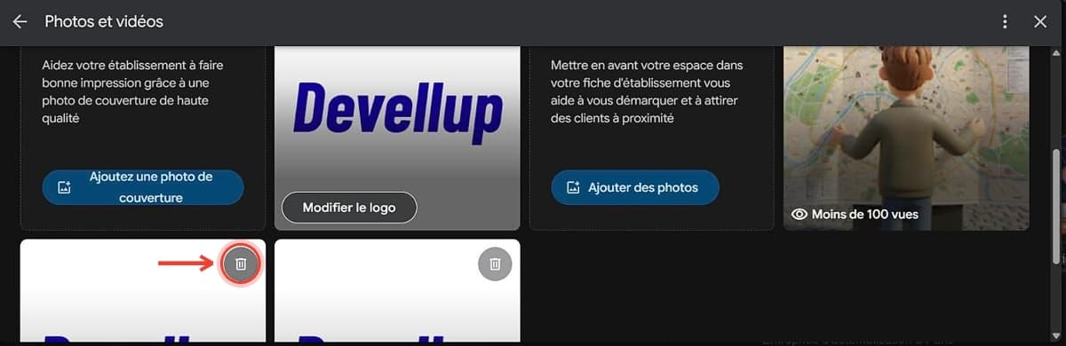 Cliquer sur l'icône corbeille pour supprimer une photo de sa fiche Google