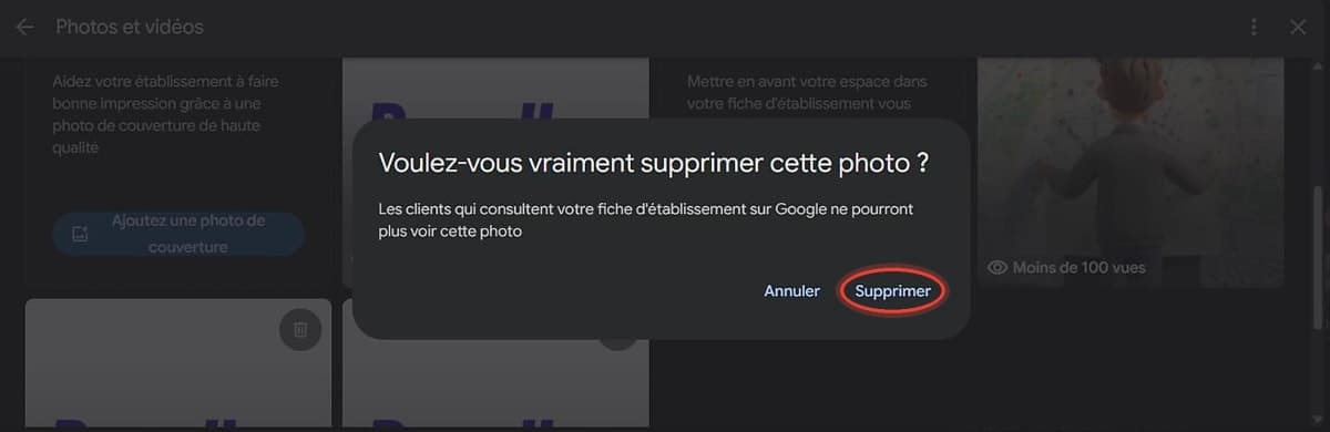 Écran de confirmation de suppression d'une photo Google Business Profile