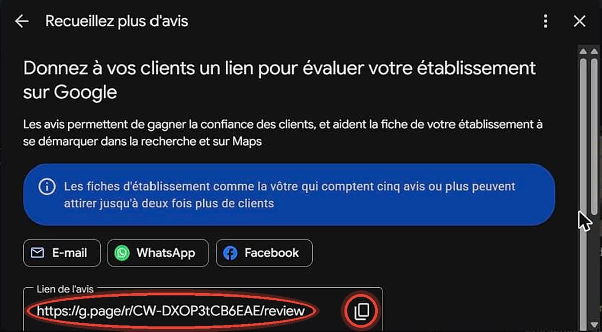 Copier le lien d'avis Google depuis sa fiche d'établissement