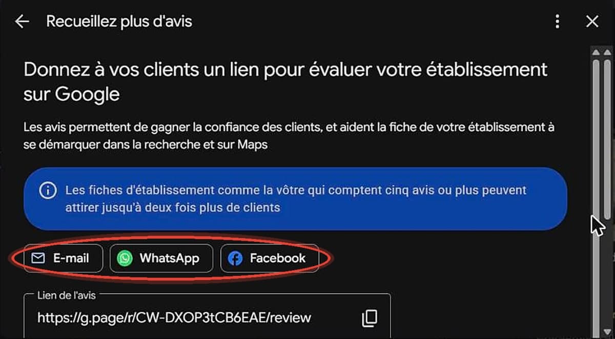 Partager son lien d'avis Google par e-mail, WhatsApp ou Facebook