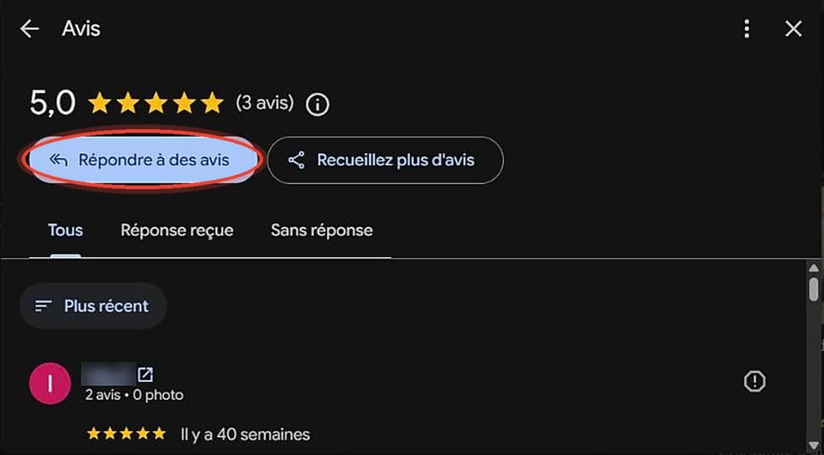 Bouton Répondre à des avis dans la fiche Google Business Profile