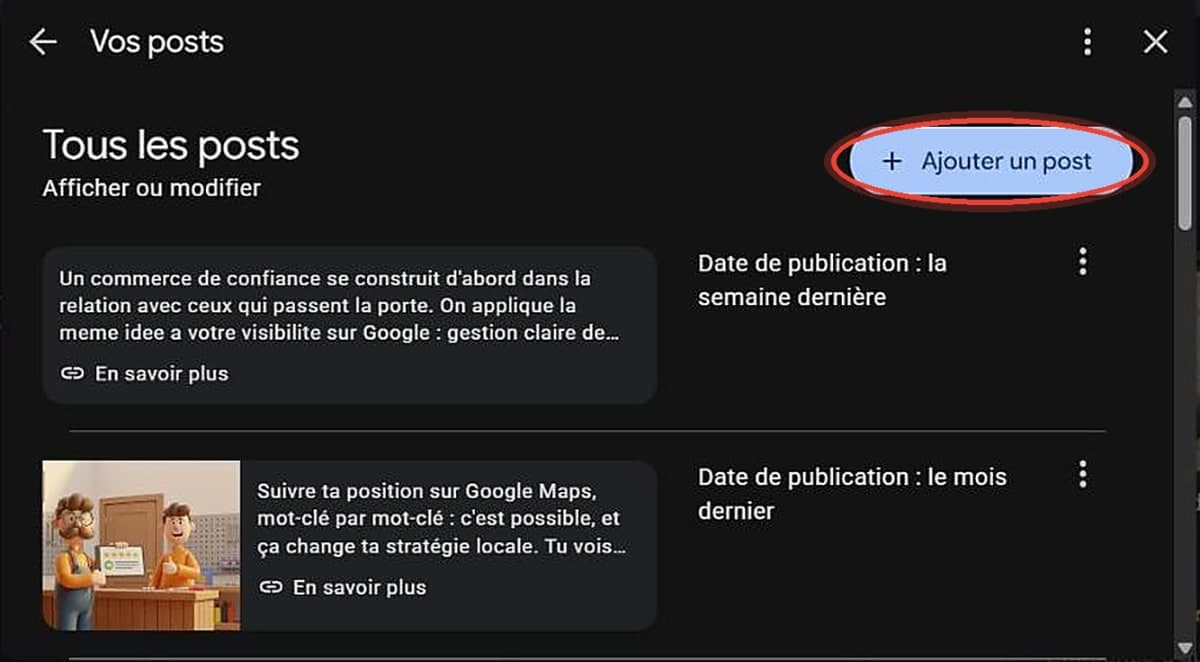 Bouton Ajouter un post sur une fiche Google Business Profile