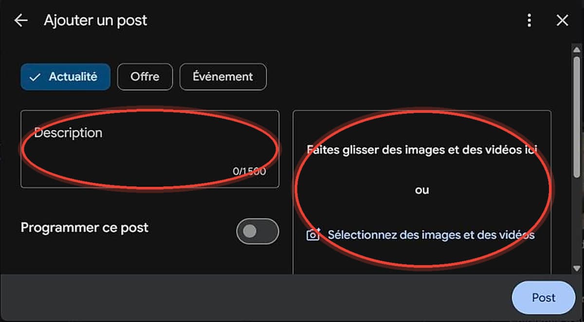 Éditeur de Google Post : rédaction du texte et ajout d'une photo