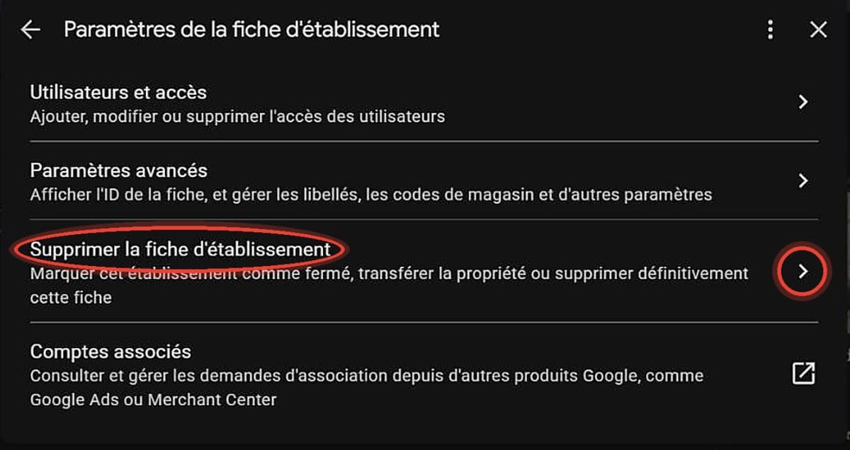 Option Supprimer la fiche d'établissement dans les paramètres Google Business Profile