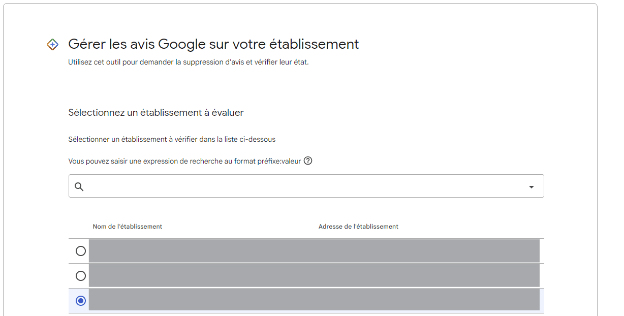 Interface de sélection d'établissement