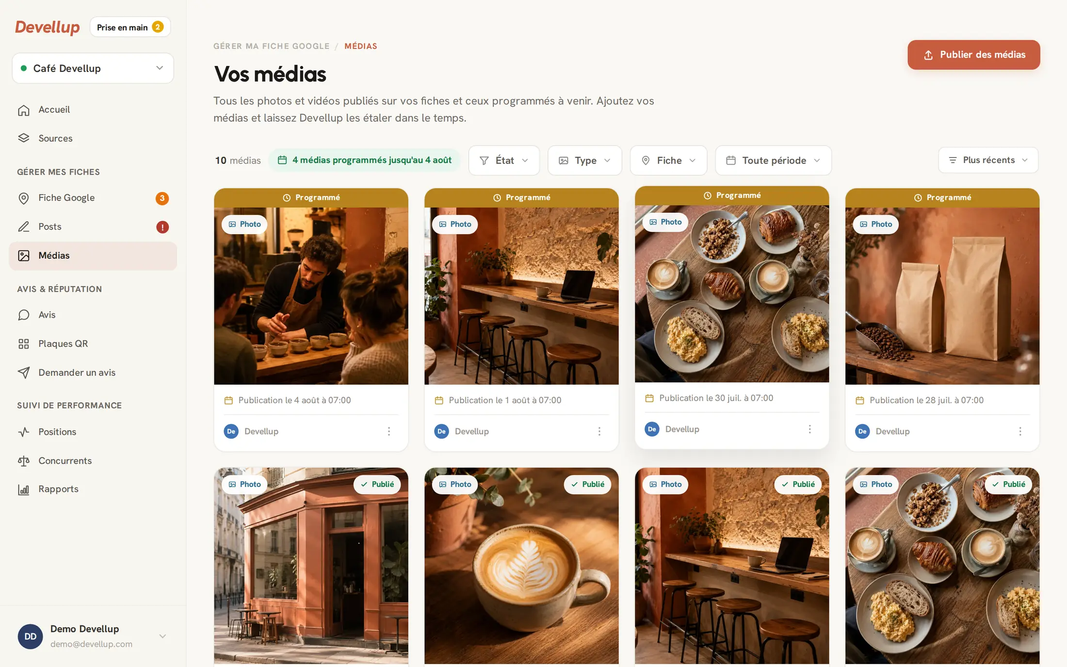 Écran Devellup : photos programmées jour après jour sur la fiche Google