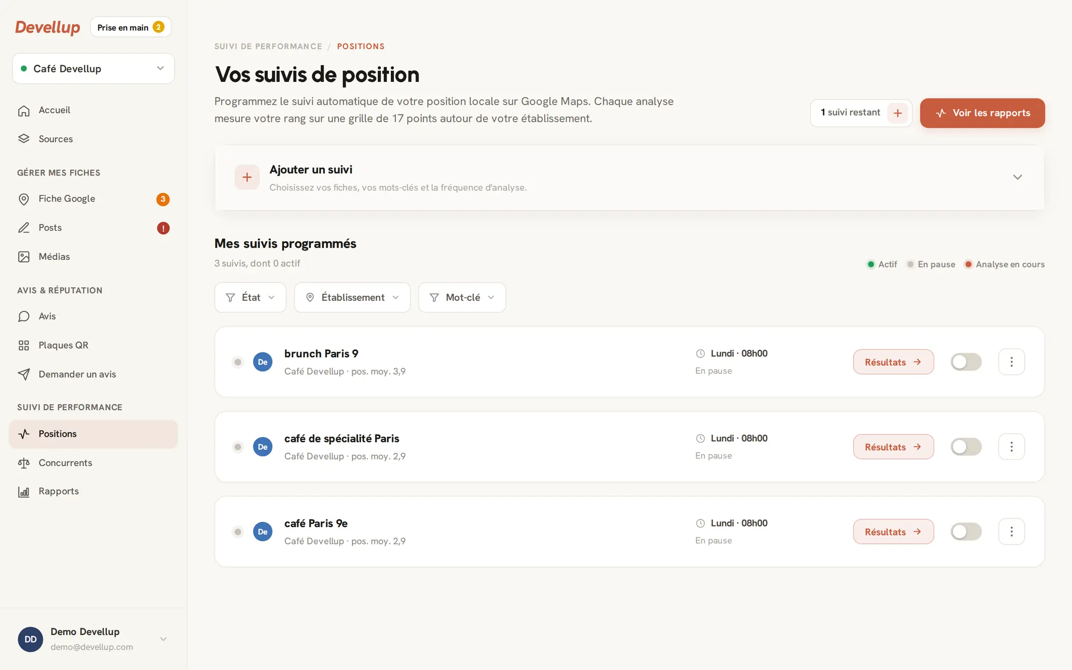 Écran Devellup : suivis de position programmés, avec la position moyenne de chaque mot-clé