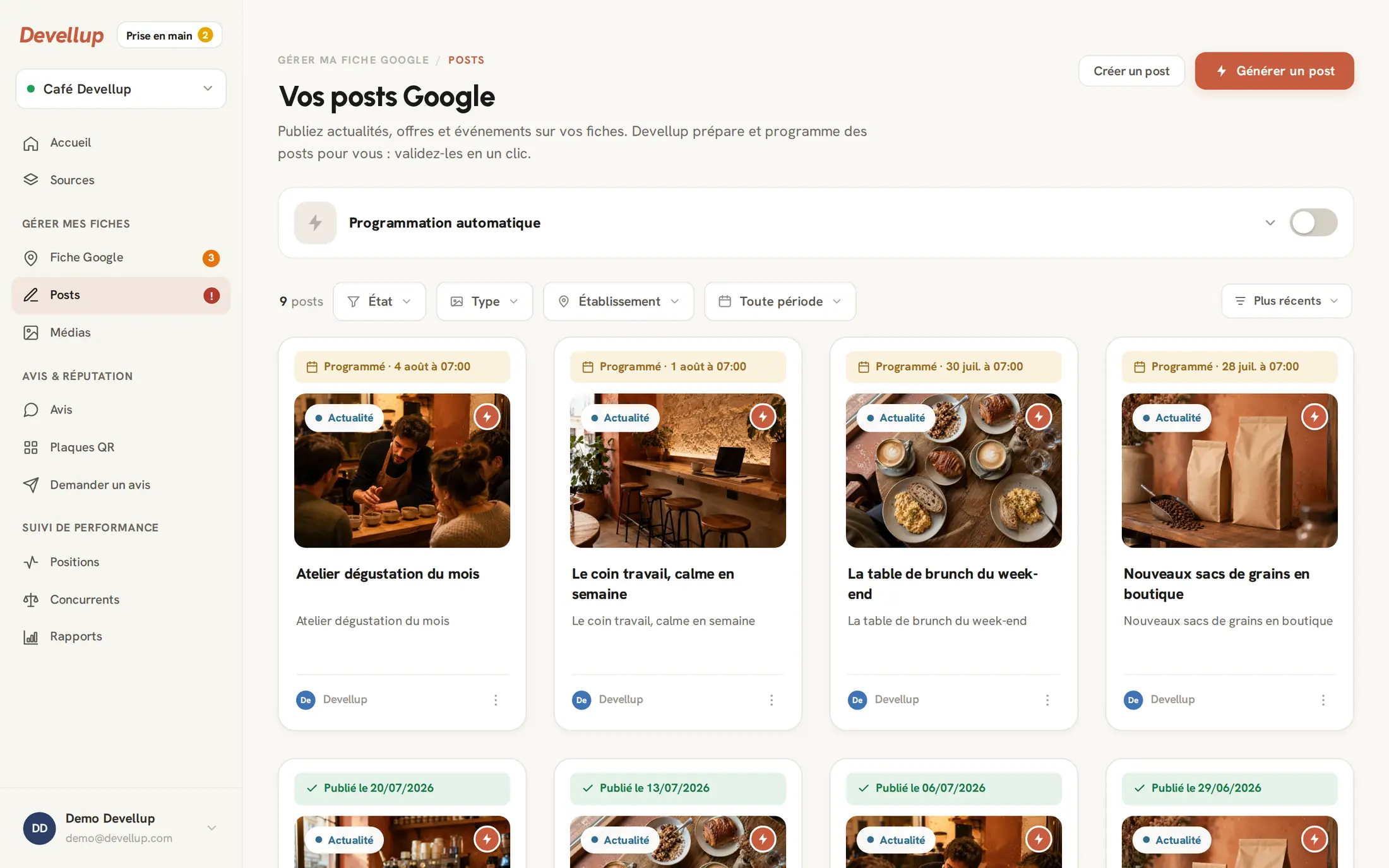 Écran Devellup : posts Google programmés et publiés, avec leur date de publication